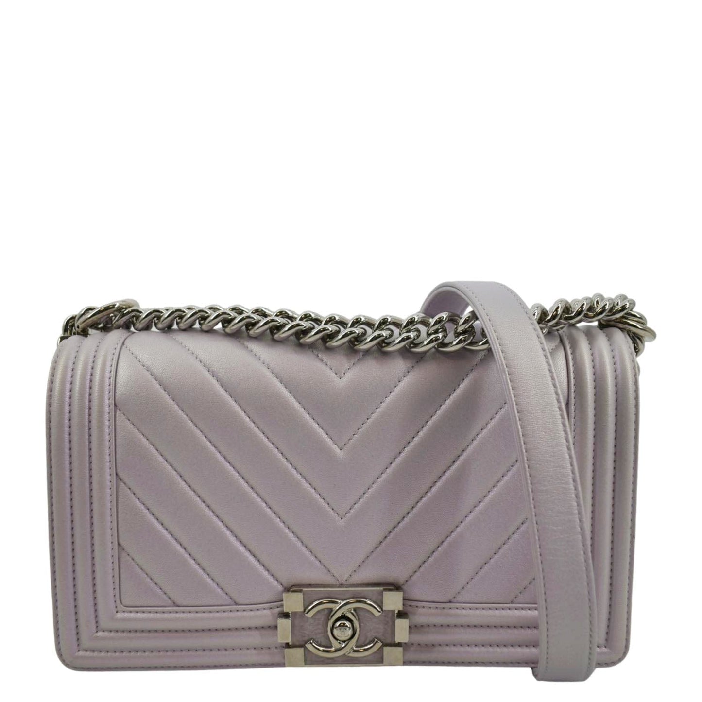 CHANEL Medium Boy Flap Metallic Chevron Shoulder Bag Light Purple