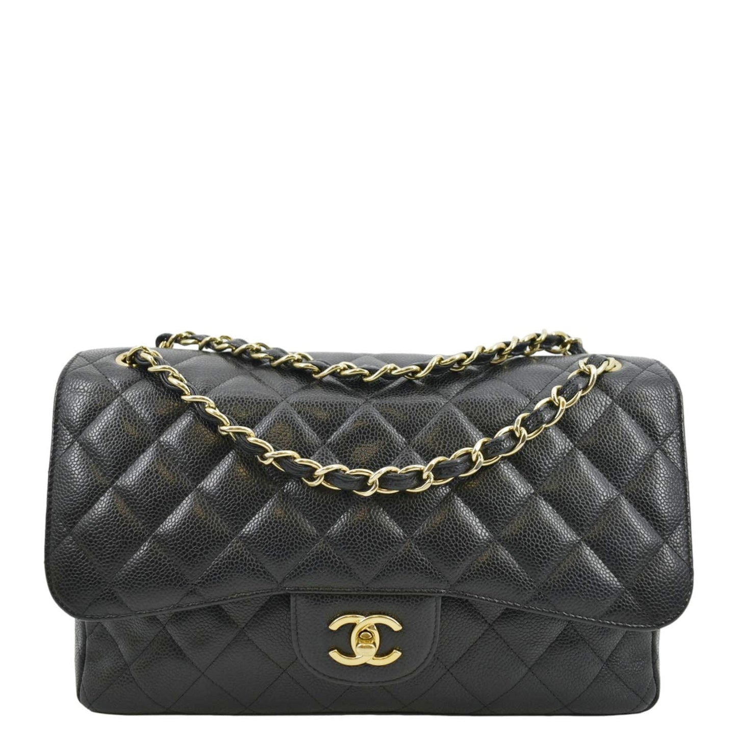 CHANEL Classic Jumbo Double Flap Quilted Caviar Leather Shoulder Bag Black