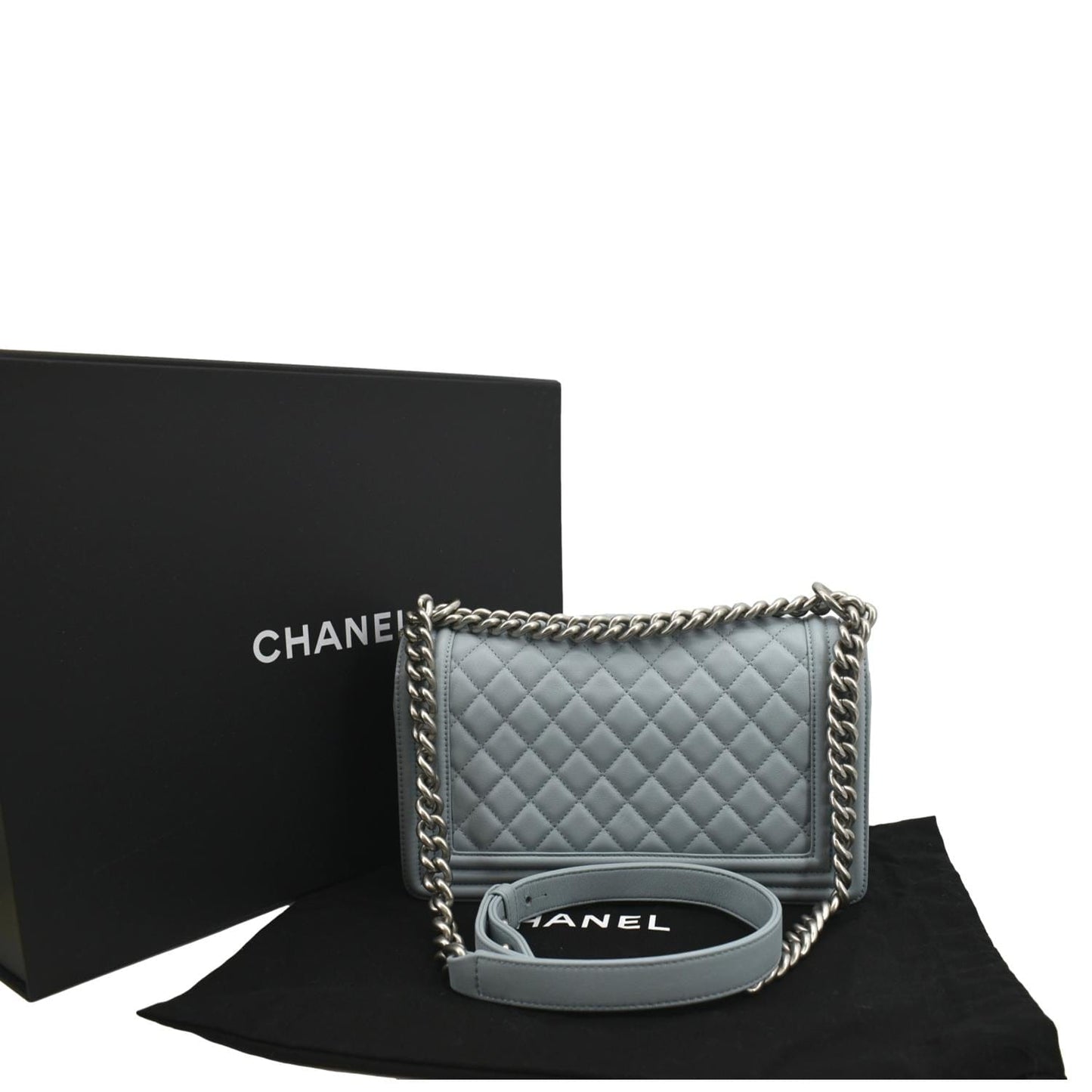 CHANEL Medium Boy Flap Quilted Leather Shoulder Bag Light Blue