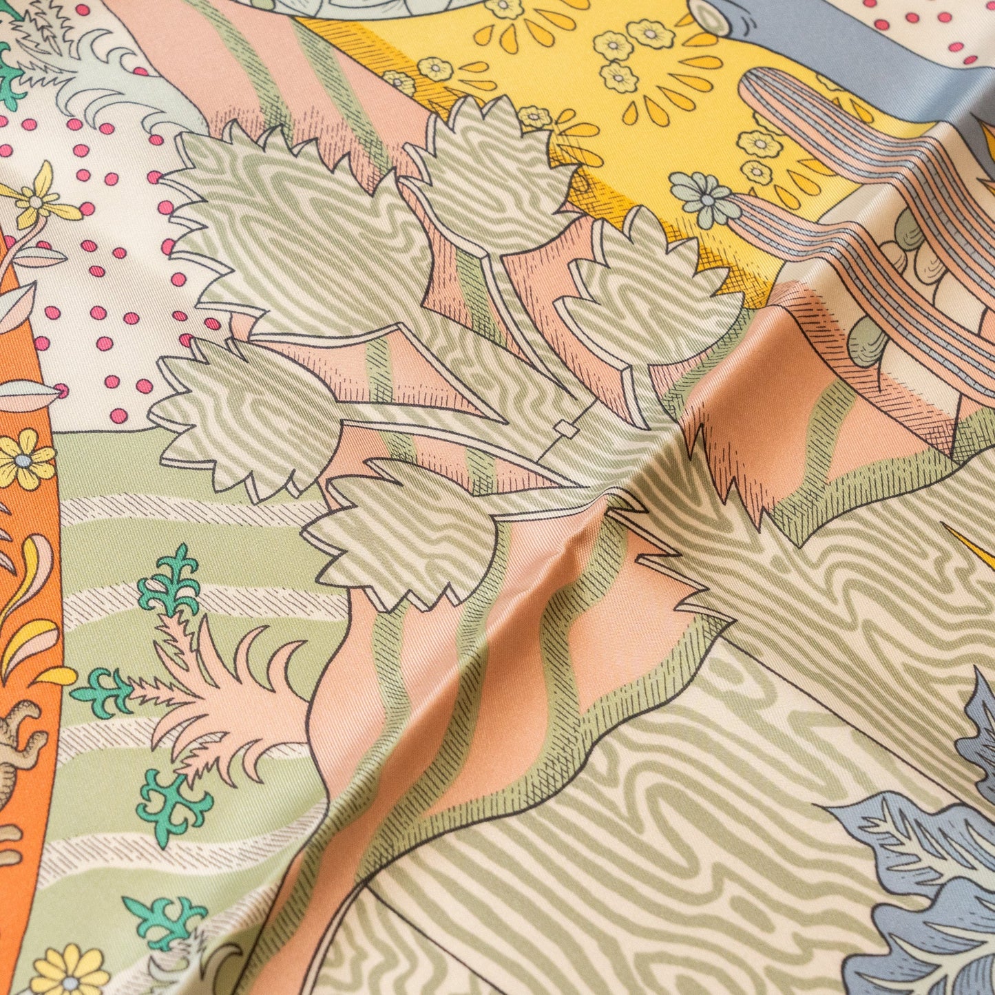 Hermes 90*90cm Silk Scarf Le Premier Chant Abricot/Ciel/Vert