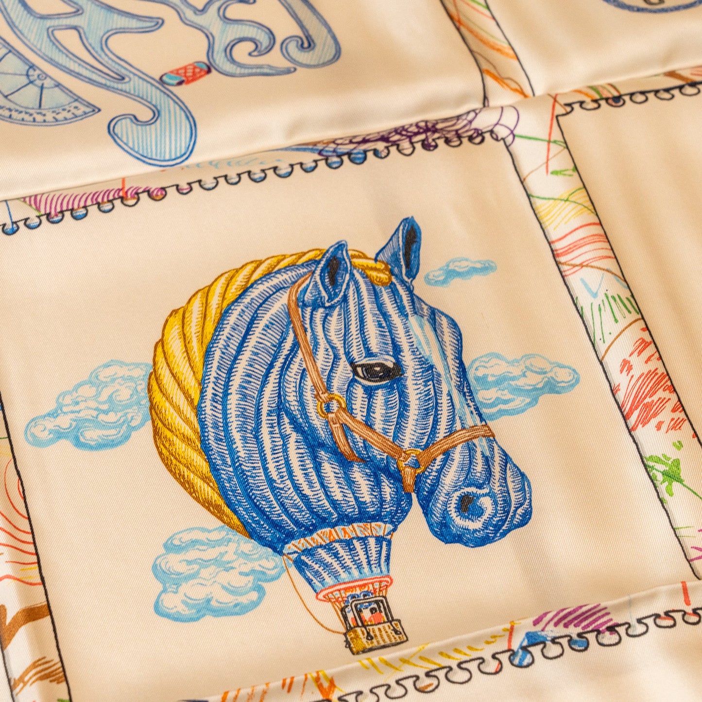 Hermes 90cm Silk Scarf Chevaloscope Blanc/Bleu/Multicolour