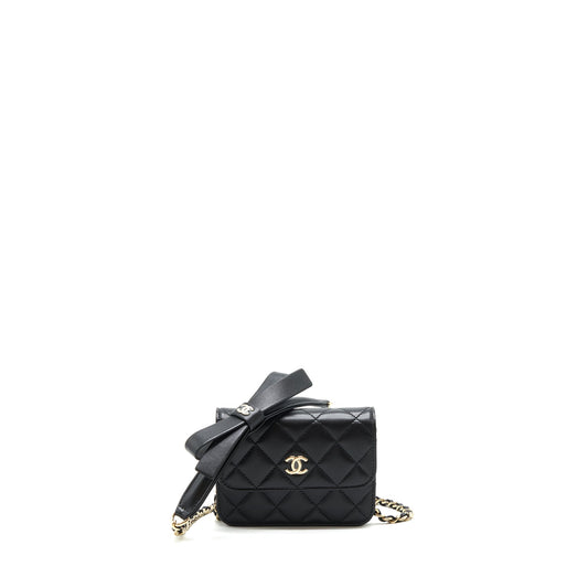 Chanel Mini flap card holder Ribbon Chain Lambskin Black LGHW