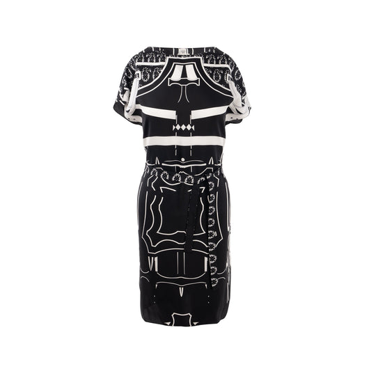 Hermes size 34 silk dress tunique belted black/ white