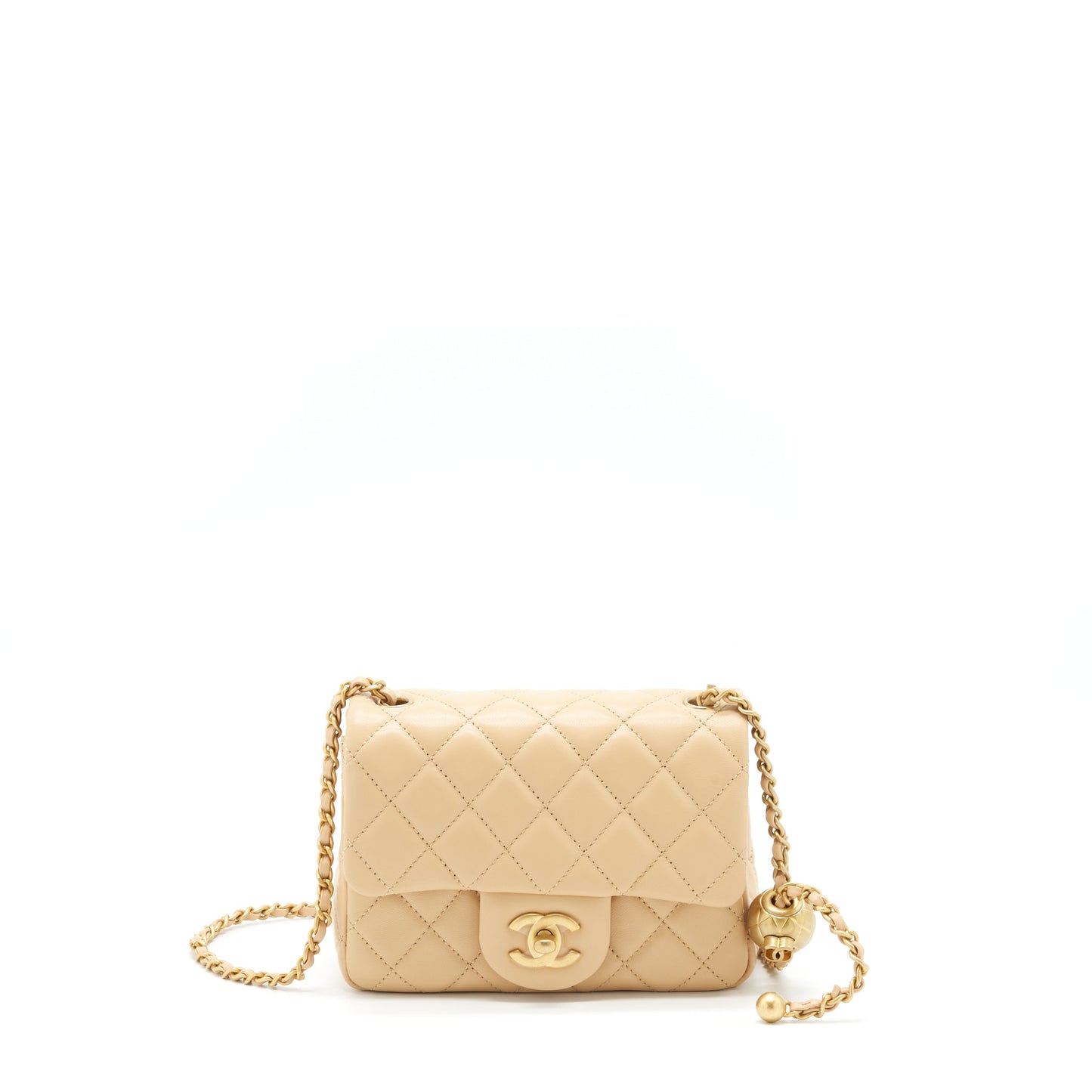 Chanel 22C Pearl Crush Mini Square Flap Bag Lambskin Beige GHW (Microchip)