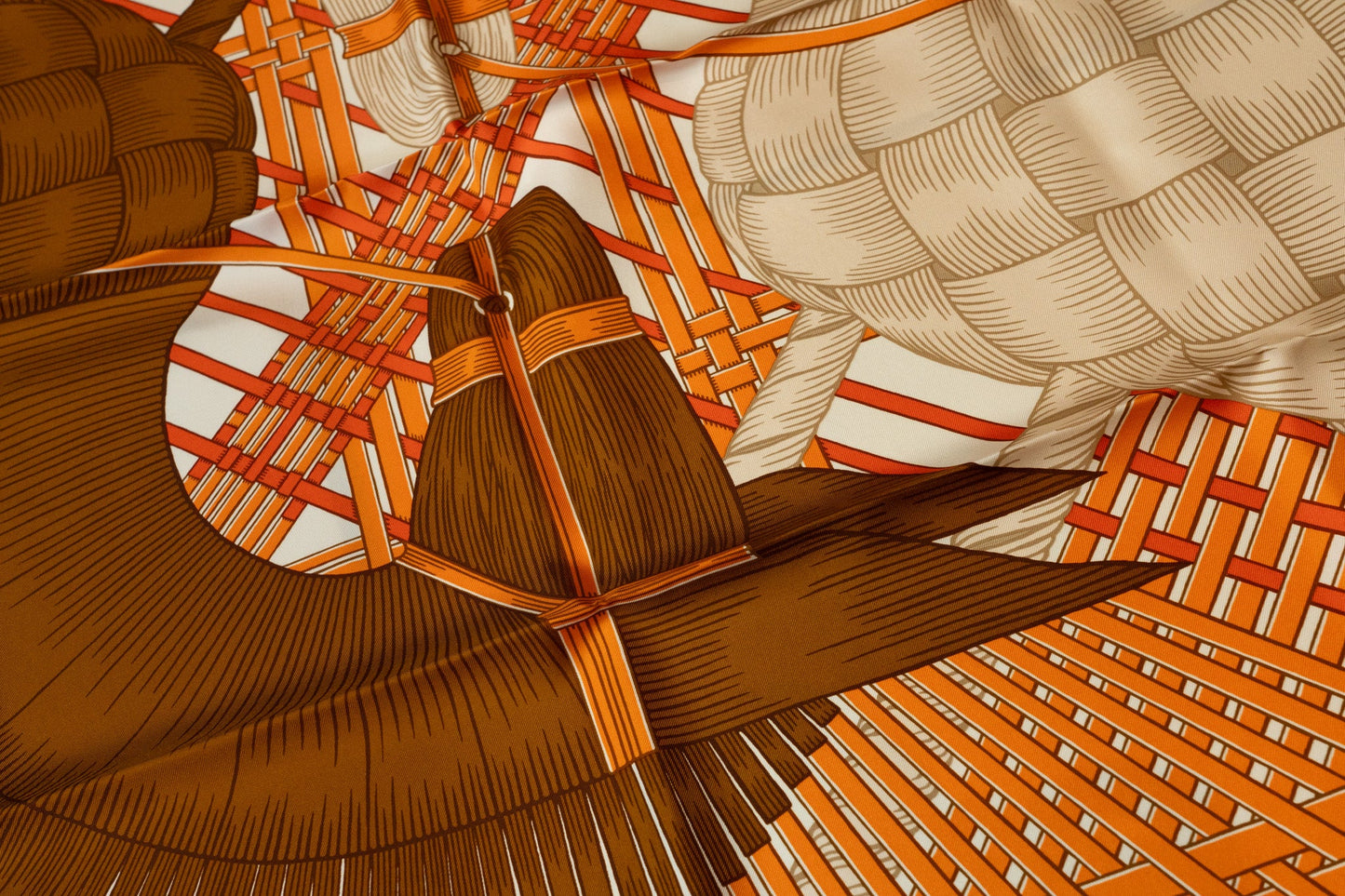 Hermes 90cm Silk Scarf Masan Masan Orange/Grege/Tabac