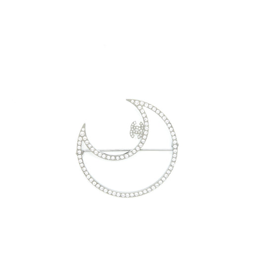 Chanel Crystal CC Crescent Moon Brooch Silver Tone