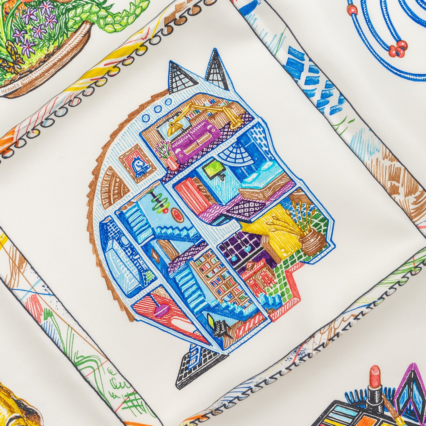 Hermes 90cm Silk Scarf Chevaloscope Blanc/Bleu/Multicolour