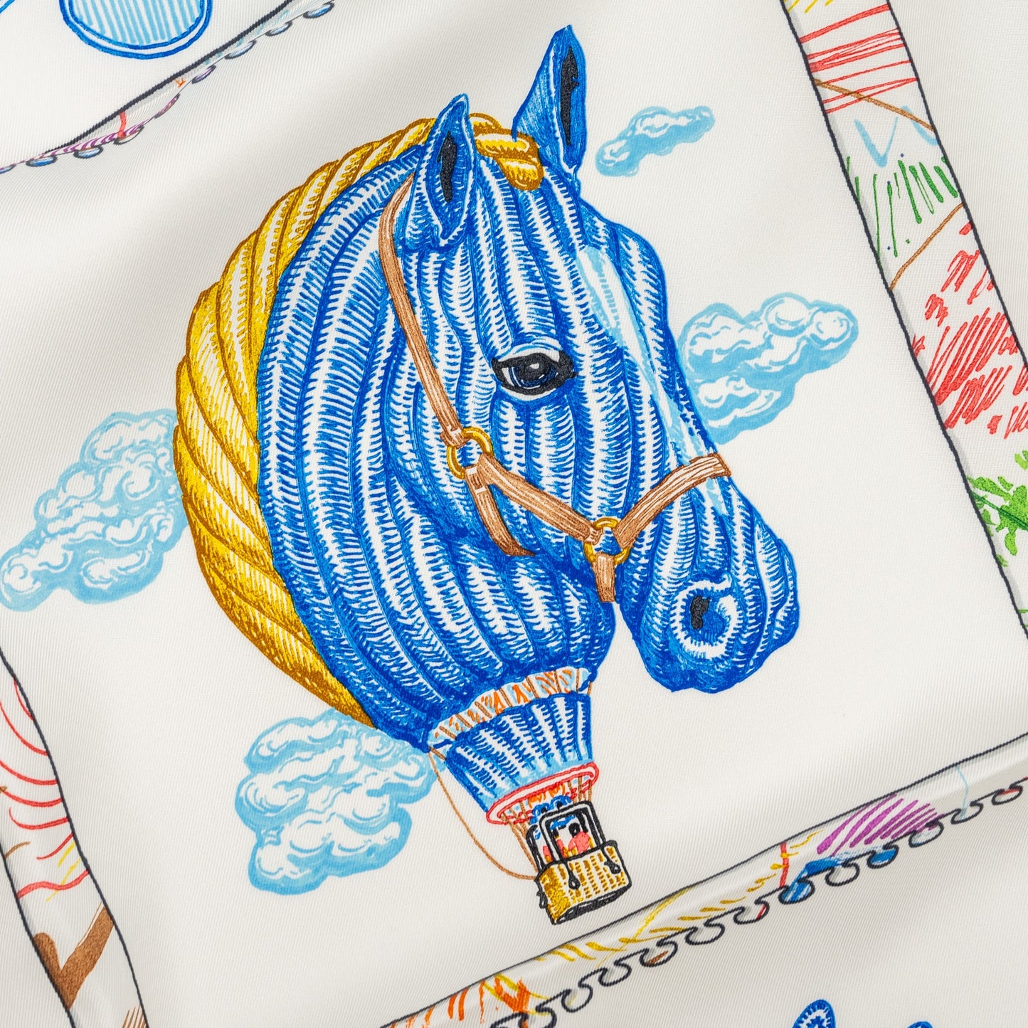 Hermes 90cm Silk Scarf Chevaloscope Blanc/Bleu/Multicolour