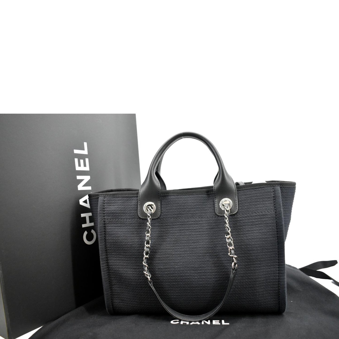 CHANEL Deauville Small Canvas Leather Tote Bag Dark Blue