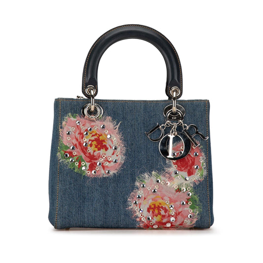 Dior Medium Denim Floral Embellished Lady Dior (SHG-9x1Q2j)