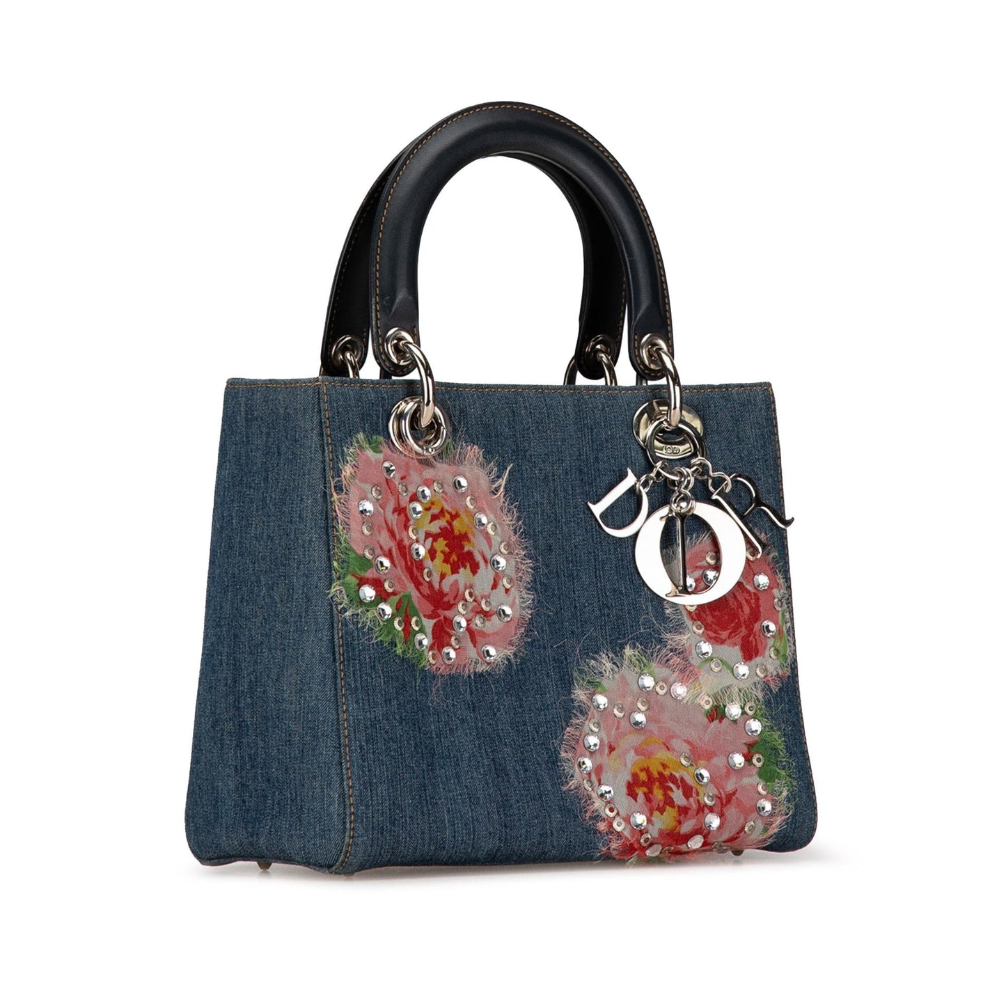 Dior Medium Denim Floral Embellished Lady Dior (SHG-9x1Q2j)