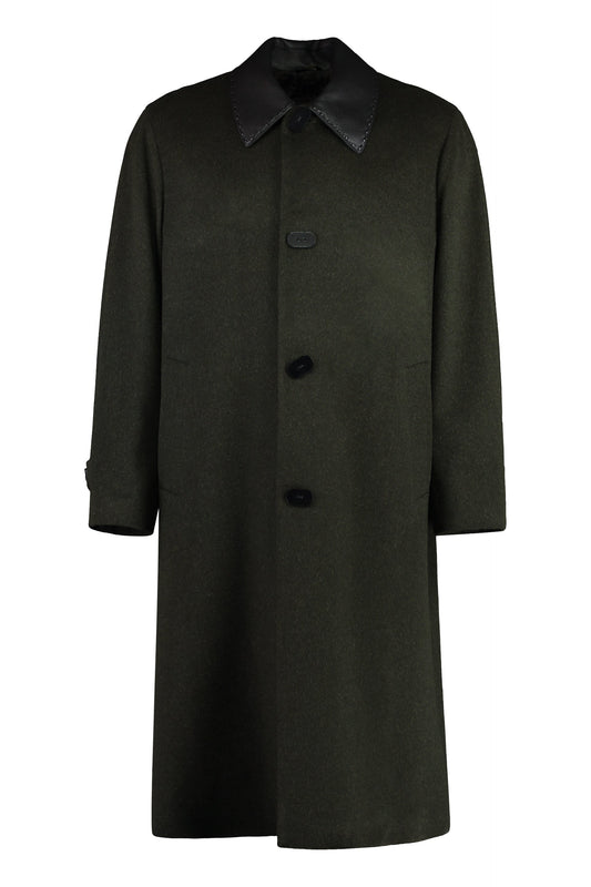 FENDI Wool Blend Jacket with Leather Collar for Men