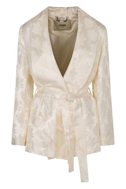 FENDI Silk Blazer with Belted Jacquard Flower Design
