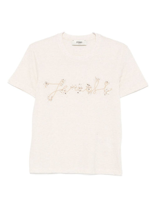 FENDI Cotton T-Shirt with Sequin Embellishment for Women - SS25