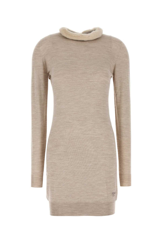 FENDI Chic Mini Wool Blend Dress with Mink Collar