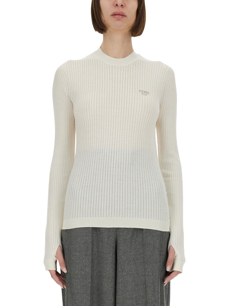 FENDI Wool Sweater with Ribbed Detailing - Long Sleeves