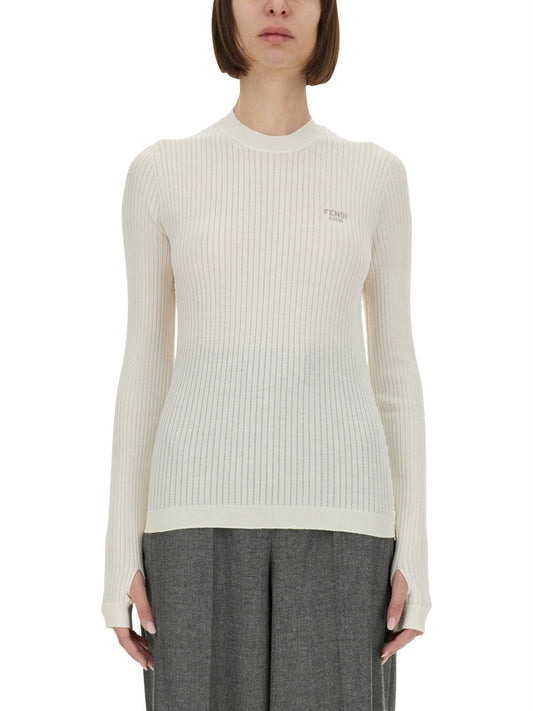 FENDI Wool Sweater with Ribbed Detailing - Long Sleeves