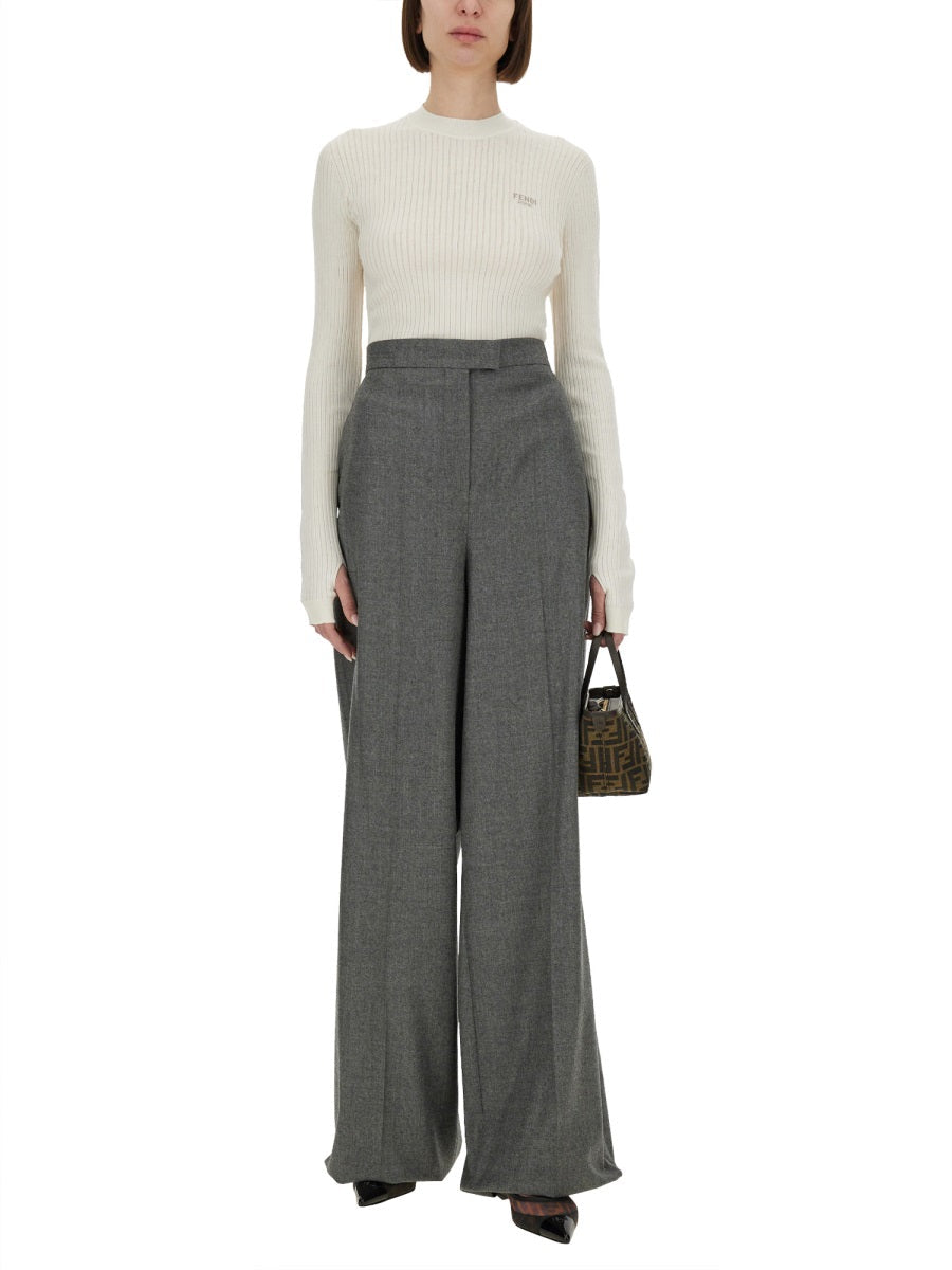 FENDI Wool Sweater with Ribbed Detailing - Long Sleeves