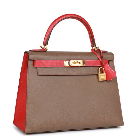 Hermes Special Order (HSS) Kelly Sellier 28 Etoupe and Rouge Tomate Epsom Brushed Gold Hardware