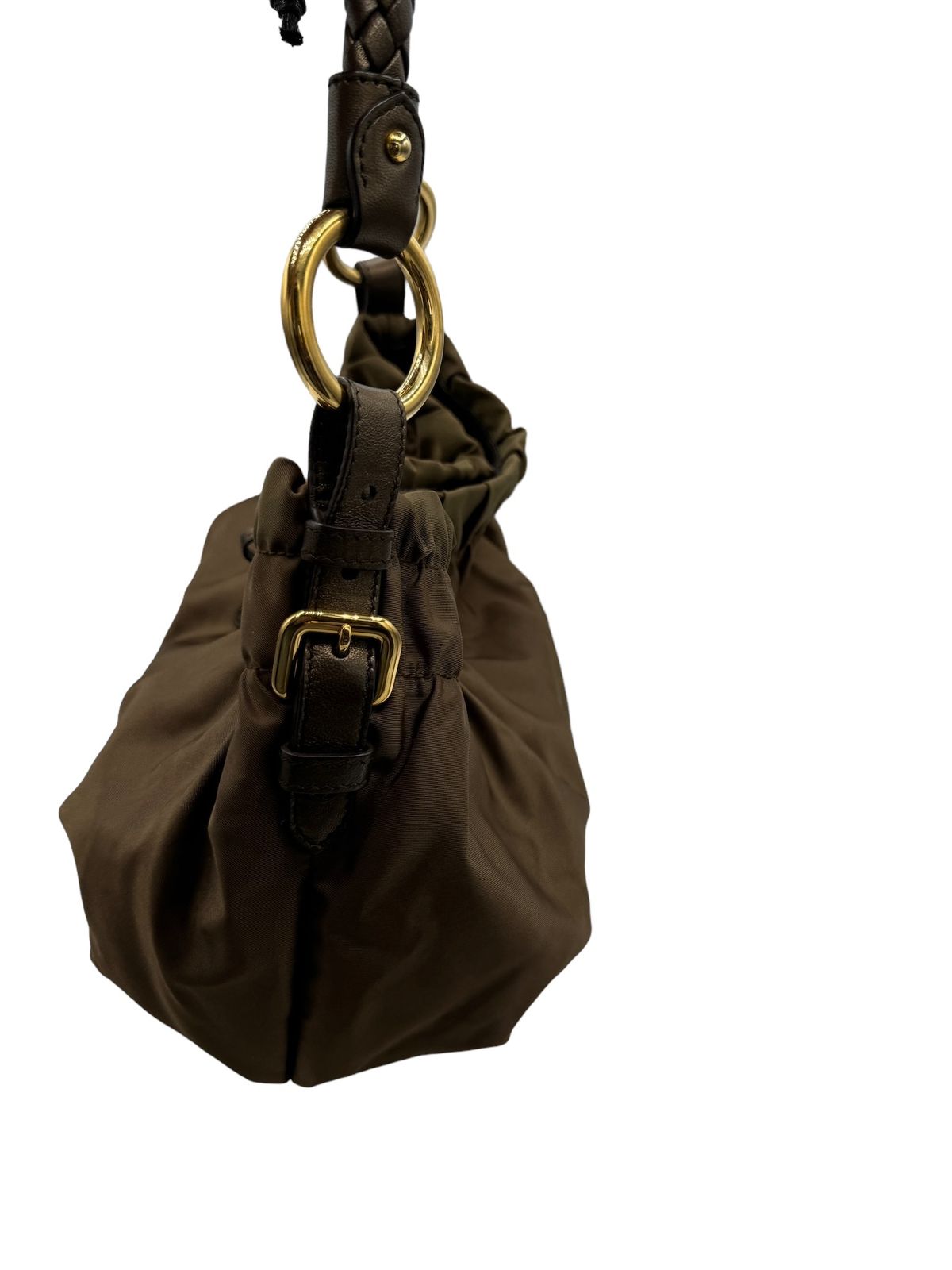 PRADA - Gathered Handbag Khaki Nylon Leather