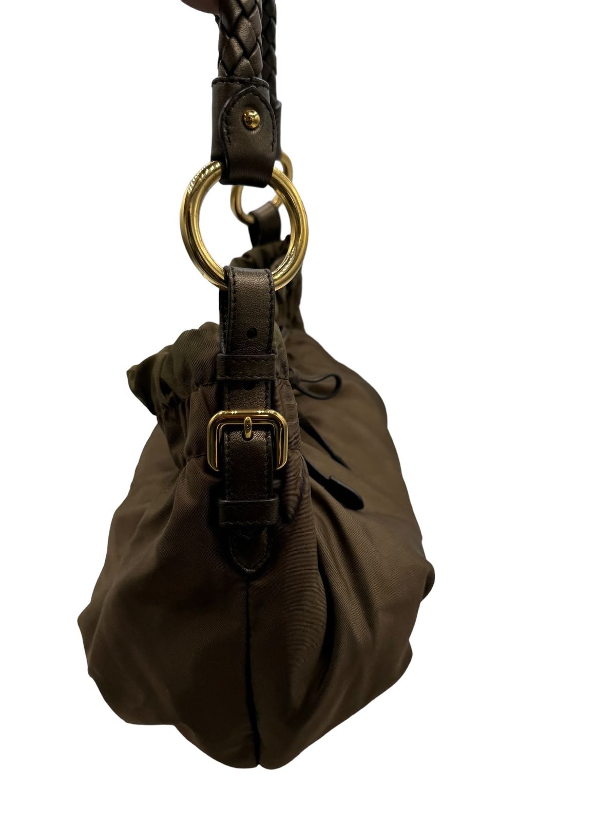 PRADA - Gathered Handbag Khaki Nylon Leather