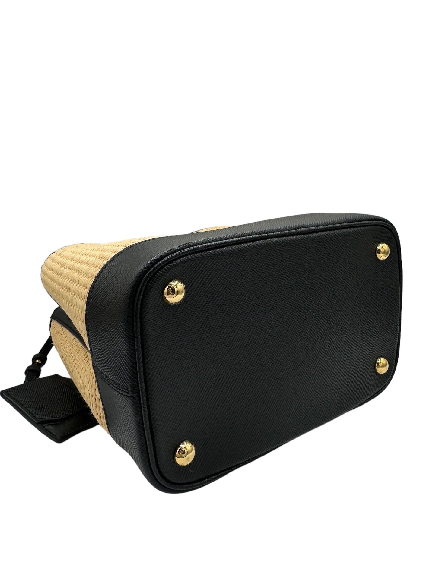 PRADA - Panier Handbag Beige Black Straw Saffiano Leather