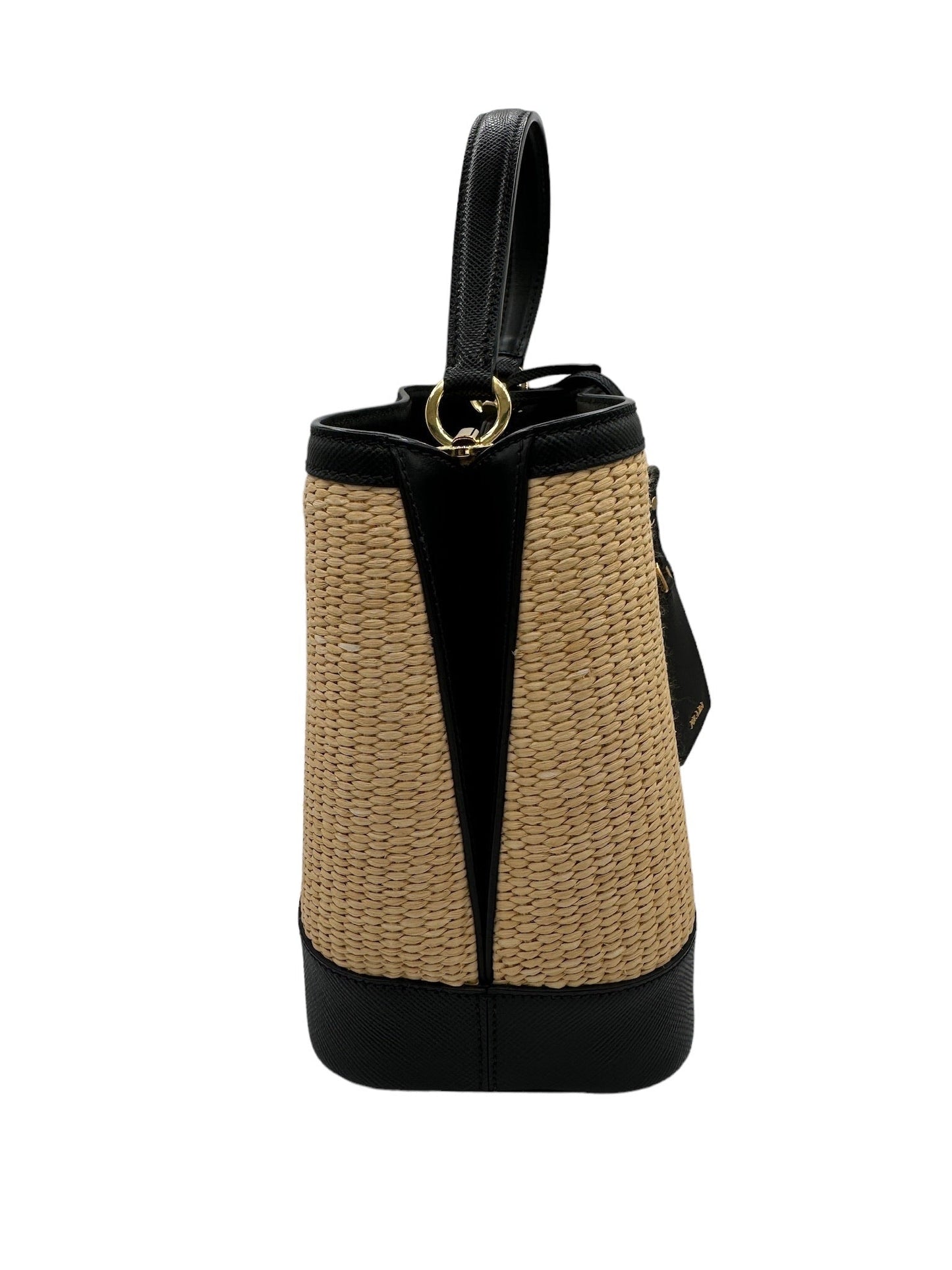 PRADA - Panier Handbag Beige Black Straw Saffiano Leather