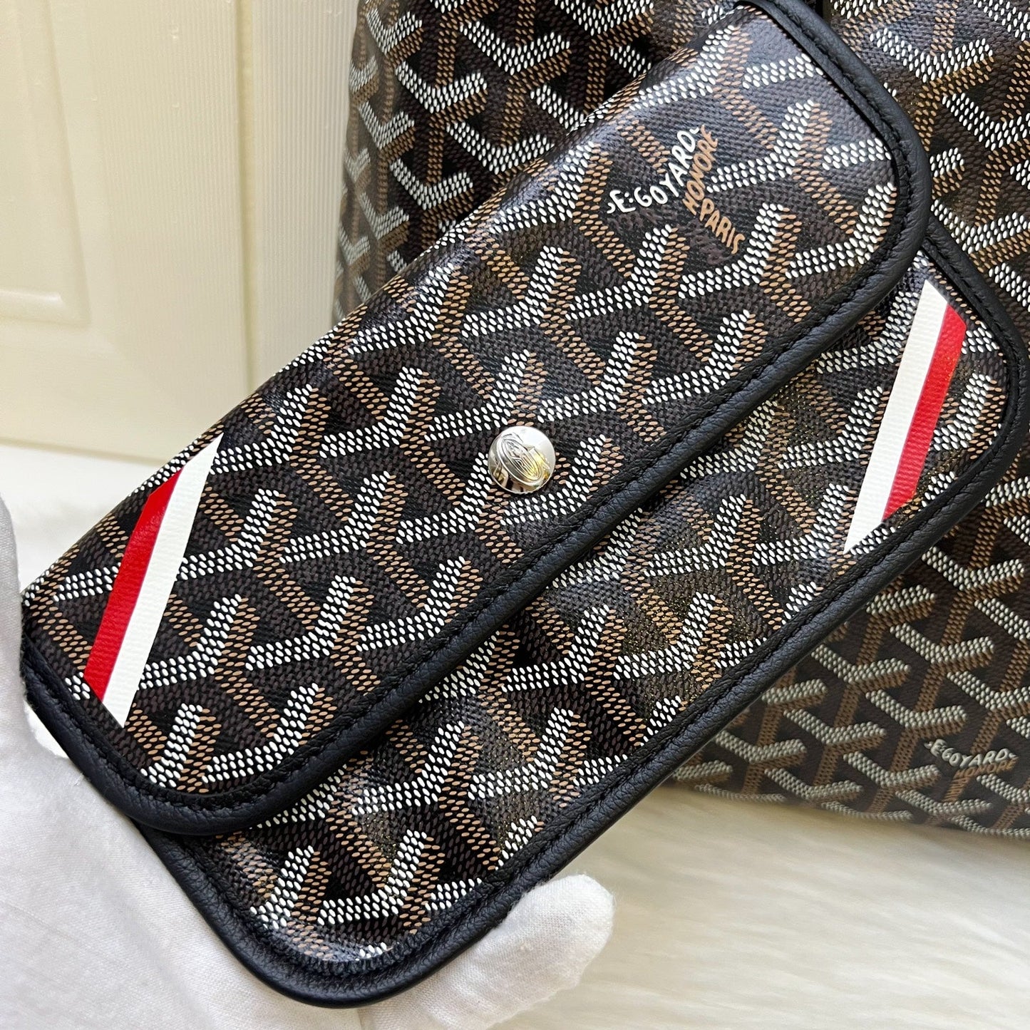 Goyard Boheme PM Hobo Bag in in Black Signature Goyardine Canvas with Red / White Striped Stamp (Premarquage Bandes) on the Small Pouch