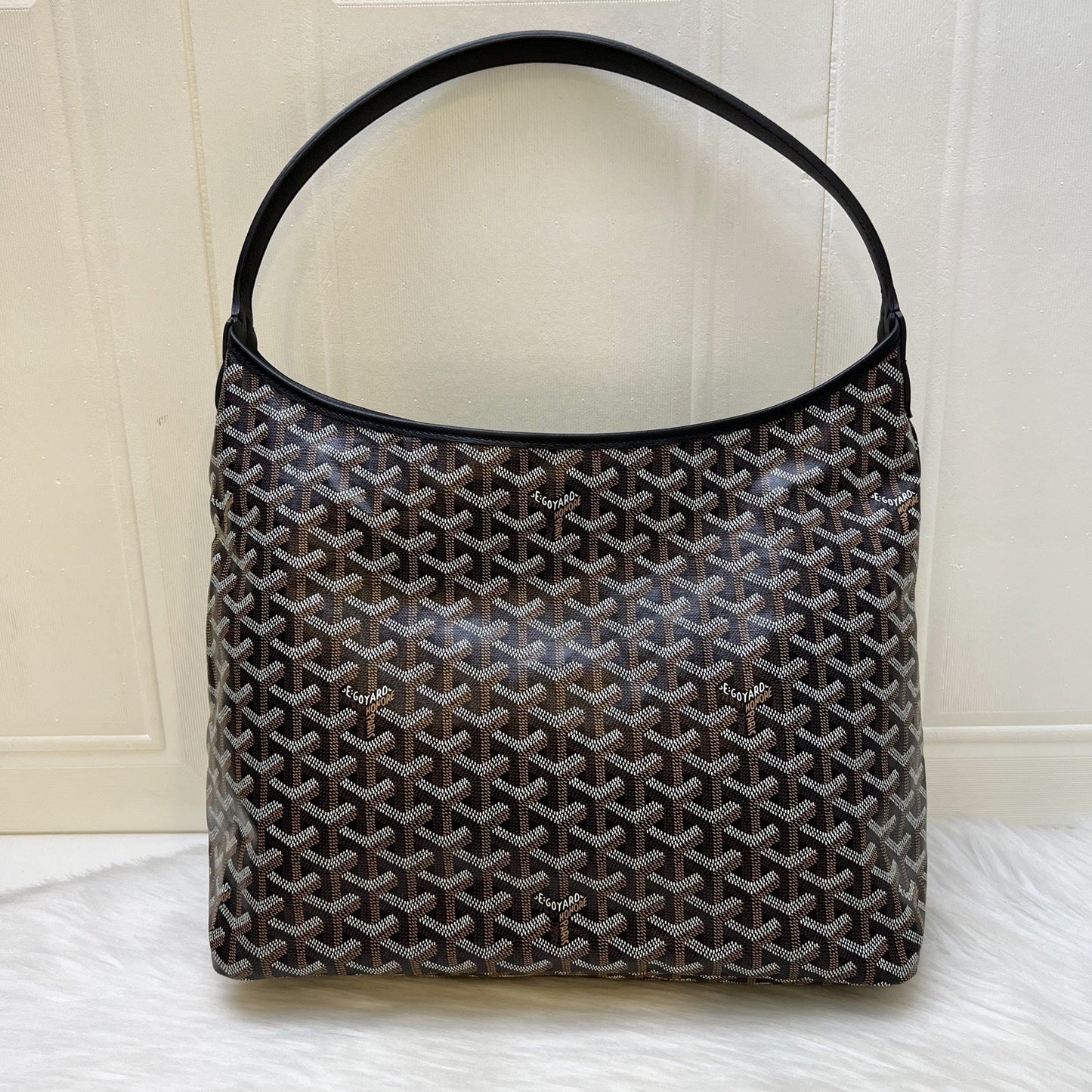 Goyard Boheme PM Hobo Bag in in Black Signature Goyardine Canvas with Red / White Striped Stamp (Premarquage Bandes) on the Small Pouch