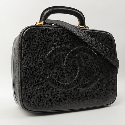Chanel Around 1997 Made Caviar Skin Cc Mark Stitch 2Way Vanity Black
