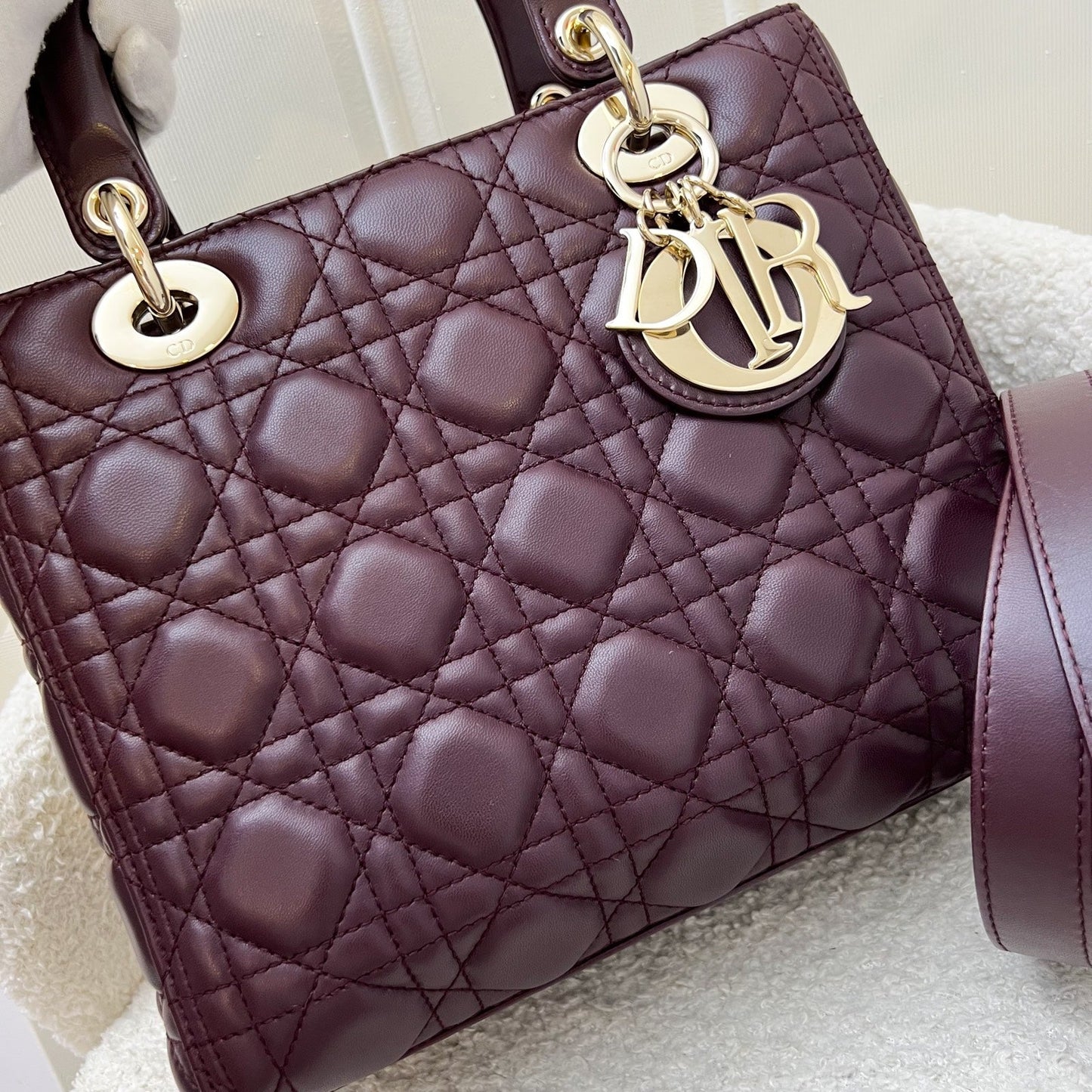 Dior Medium Lady Dior in Burgundy Lambskin and LGHW (CAL44550) (New Version with Adjustable Strap)
