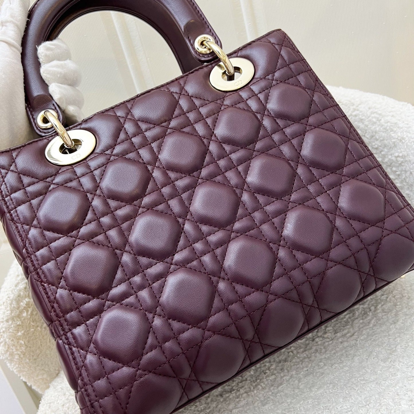 Dior Medium Lady Dior in Burgundy Lambskin and LGHW (CAL44550) (New Version with Adjustable Strap)