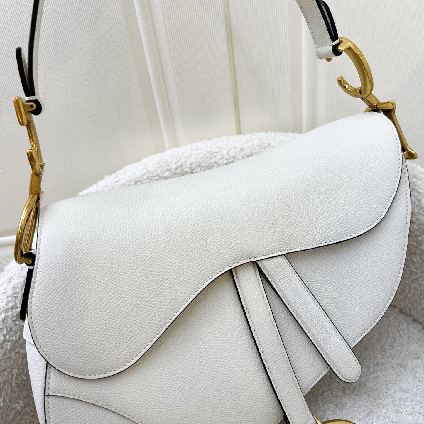 Dior Medium Saddle Bag In White Grained Calfskin and AGHW