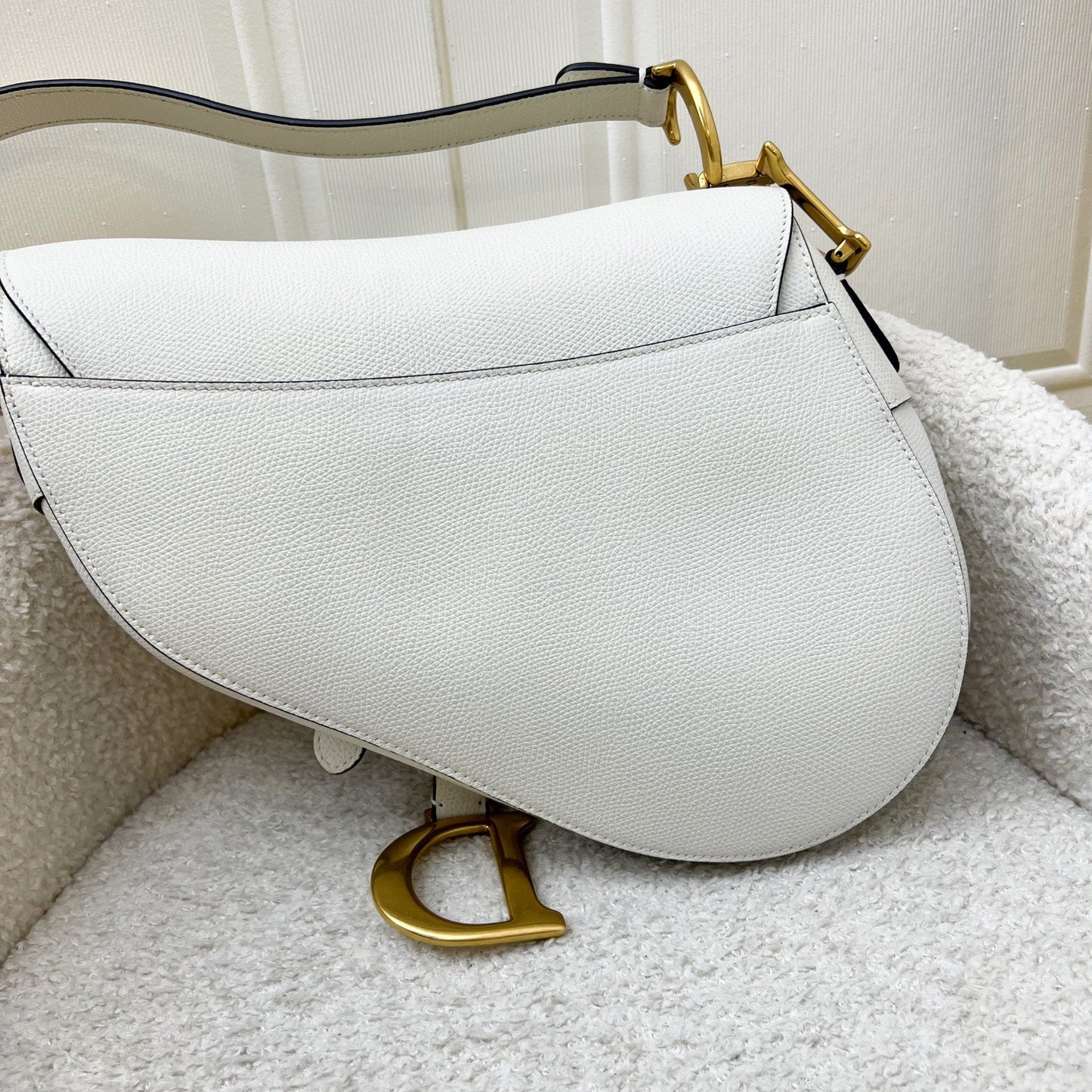 Dior Medium Saddle Bag In White Grained Calfskin and AGHW