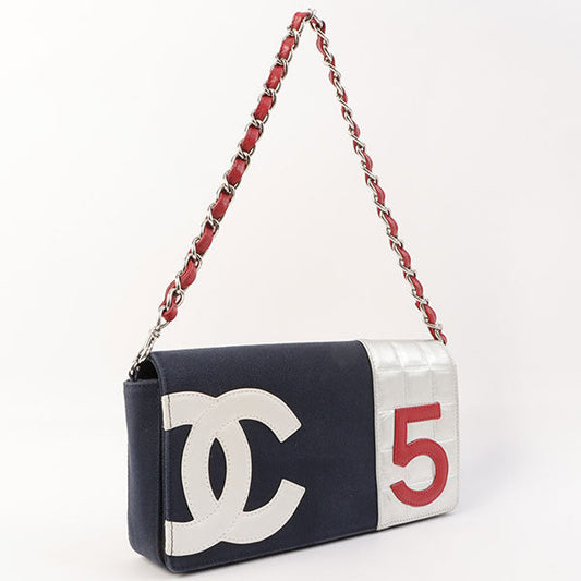 Chanel Around 2002 Made Denim Chocolate Bar Cc Mark No.5 Stitch Chain Shoulder Bag Navy/Silver/Red
