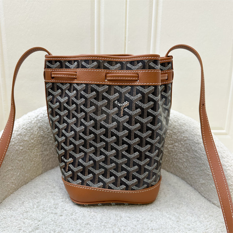 Goyard Petit Flot PM Bucket Bag in Black Goyardine Canvas with Brown Trimming and Strap
