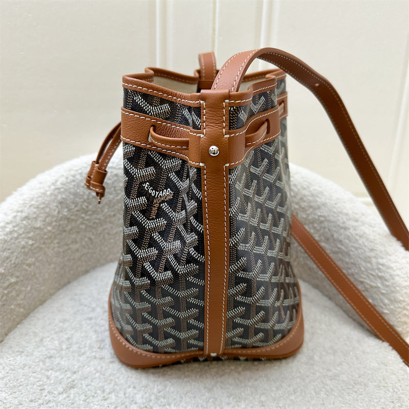 Goyard Petit Flot PM Bucket Bag in Black Goyardine Canvas with Brown Trimming and Strap