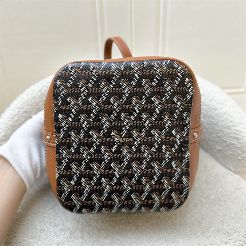 Goyard Petit Flot PM Bucket Bag in Black Goyardine Canvas with Brown Trimming and Strap