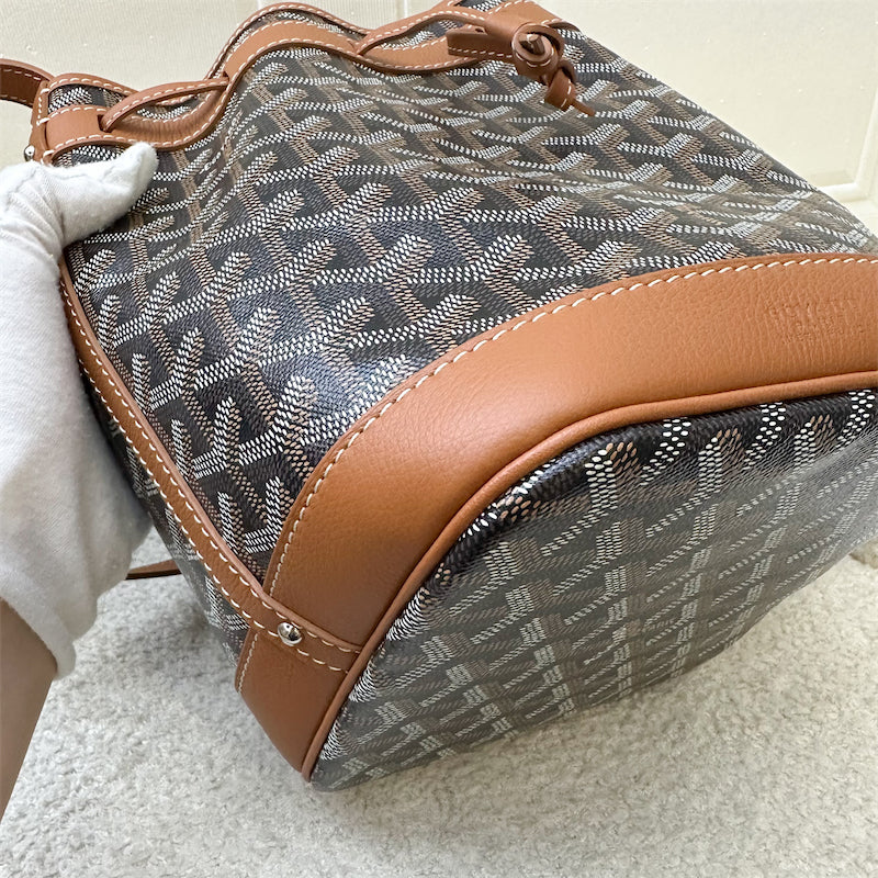 Goyard Petit Flot PM Bucket Bag in Black Goyardine Canvas with Brown Trimming and Strap