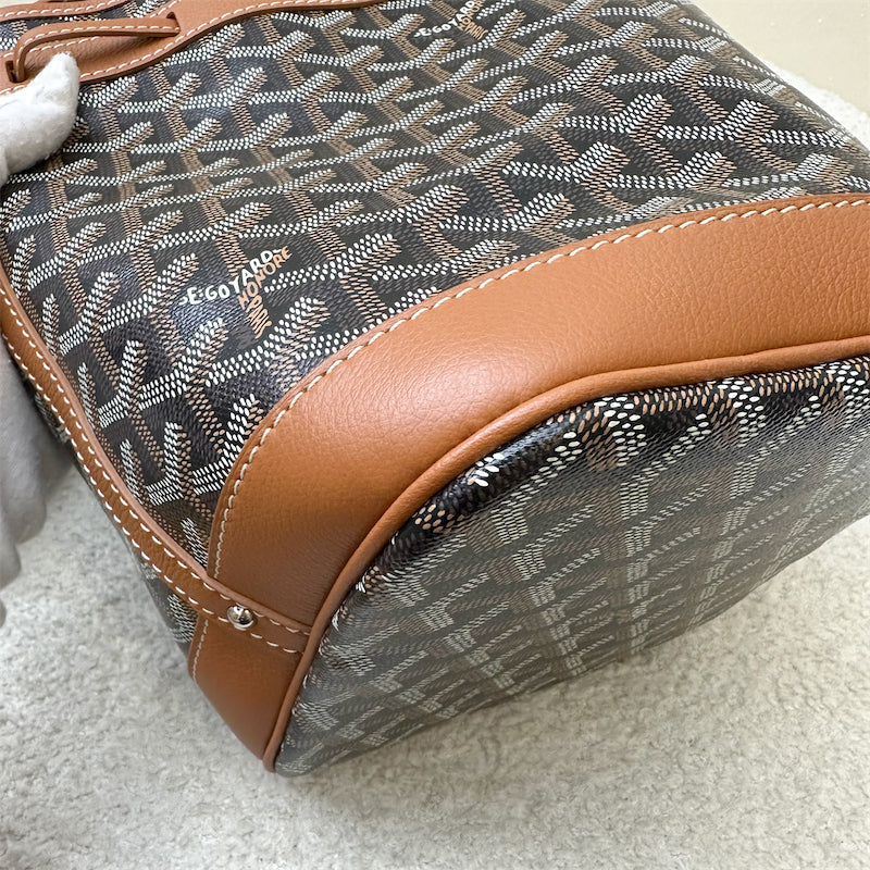 Goyard Petit Flot PM Bucket Bag in Black Goyardine Canvas with Brown Trimming and Strap