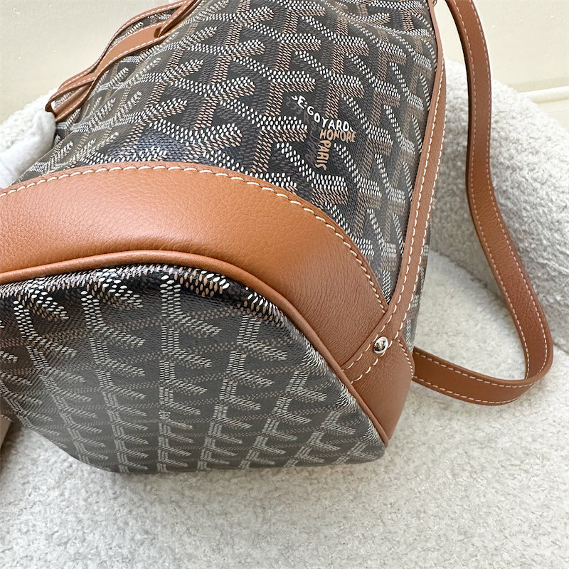 Goyard Petit Flot PM Bucket Bag in Black Goyardine Canvas with Brown Trimming and Strap