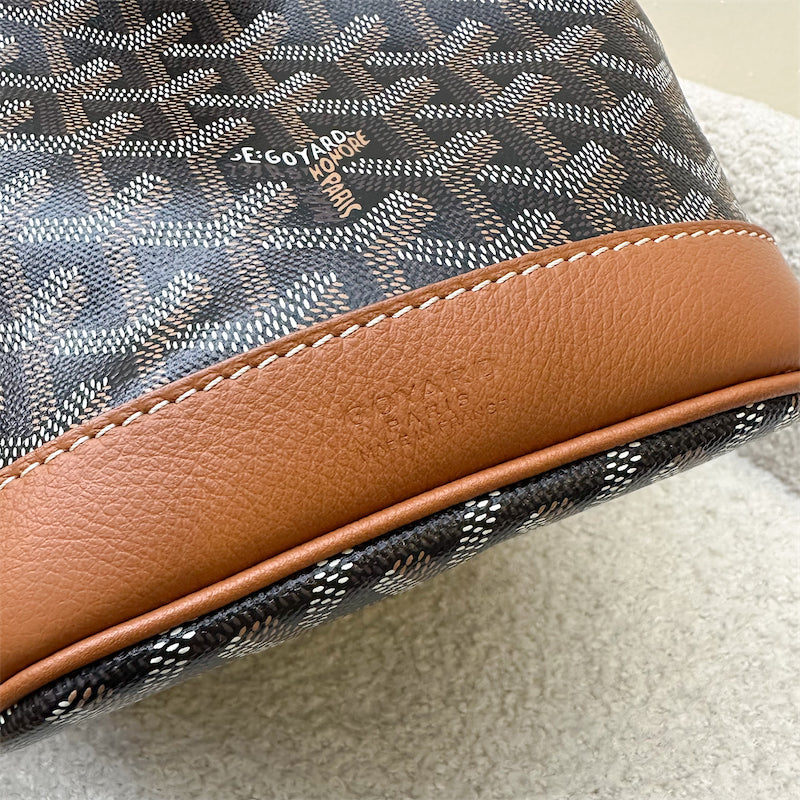 Goyard Petit Flot PM Bucket Bag in Black Goyardine Canvas with Brown Trimming and Strap