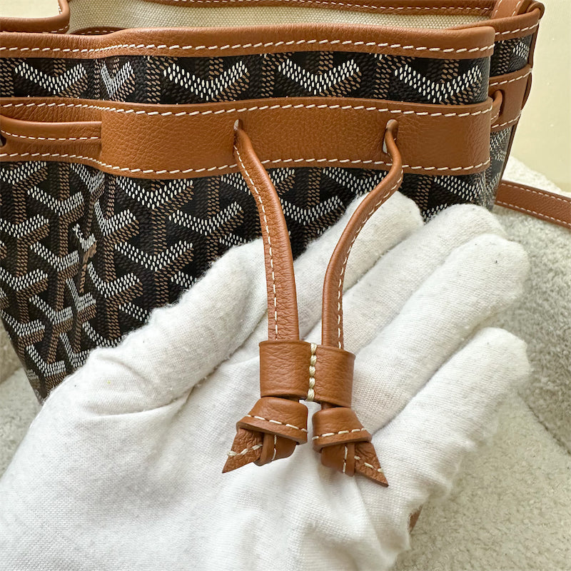 Goyard Petit Flot PM Bucket Bag in Black Goyardine Canvas with Brown Trimming and Strap