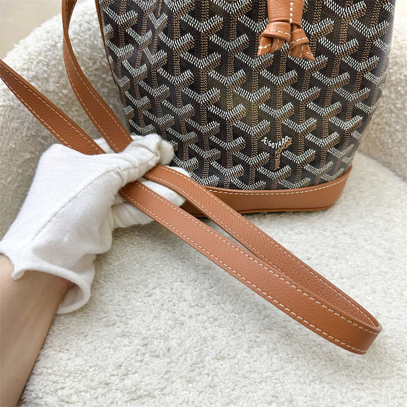 Goyard Petit Flot PM Bucket Bag in Black Goyardine Canvas with Brown Trimming and Strap