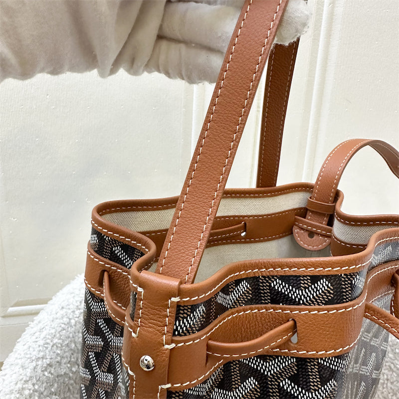 Goyard Petit Flot PM Bucket Bag in Black Goyardine Canvas with Brown Trimming and Strap