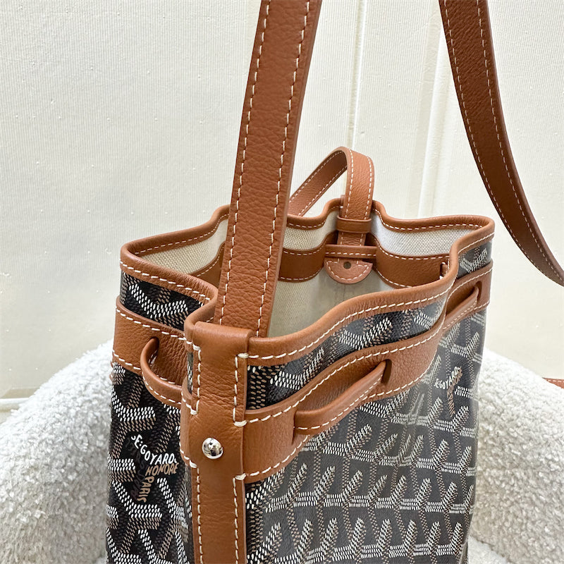 Goyard Petit Flot PM Bucket Bag in Black Goyardine Canvas with Brown Trimming and Strap