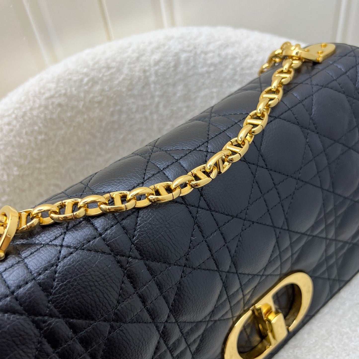 Dior Large Caro Flap Bag in Black Grained Calfskin and GHW