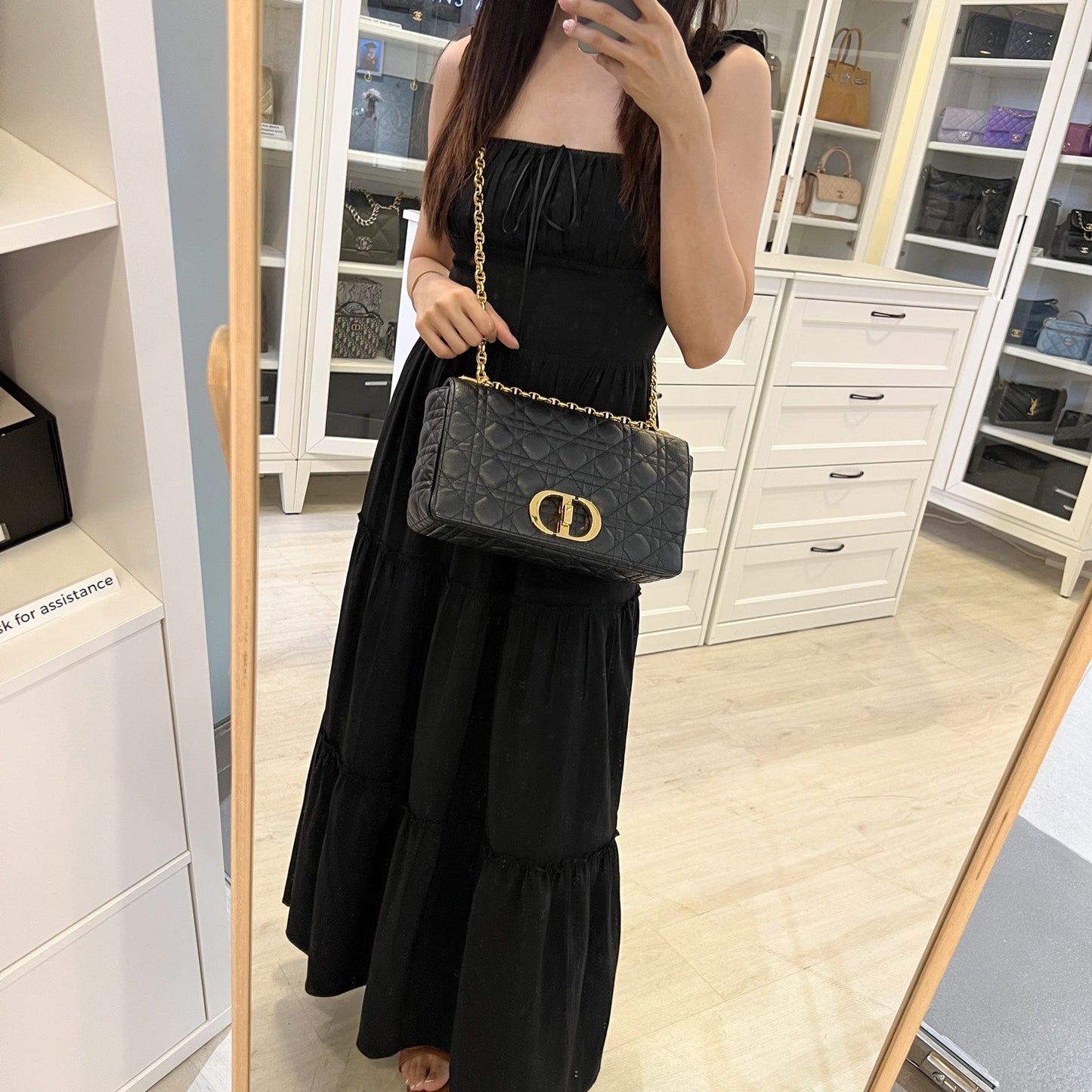 Dior Large Caro Flap Bag in Black Grained Calfskin and GHW