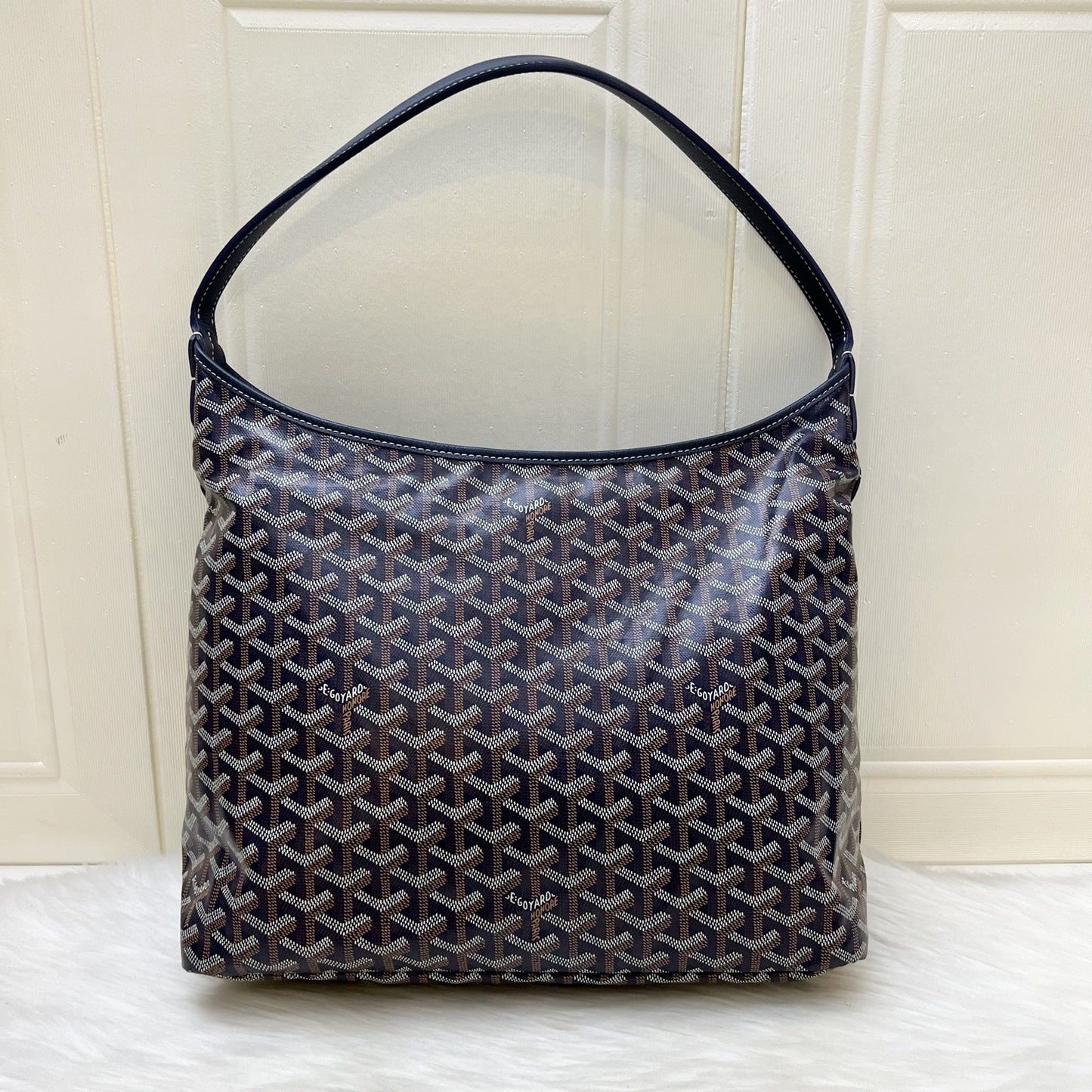 Goyard Boheme PM Hobo Bag in Bleu Marine Signature Goyardine Canvas with a Blue Heart Stamp on Pouch