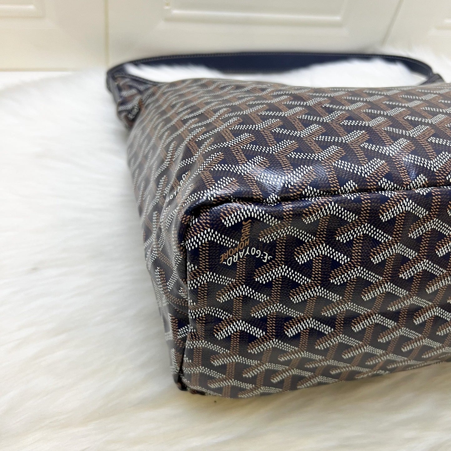 Goyard Boheme PM Hobo Bag in Bleu Marine Signature Goyardine Canvas with a Blue Heart Stamp on Pouch